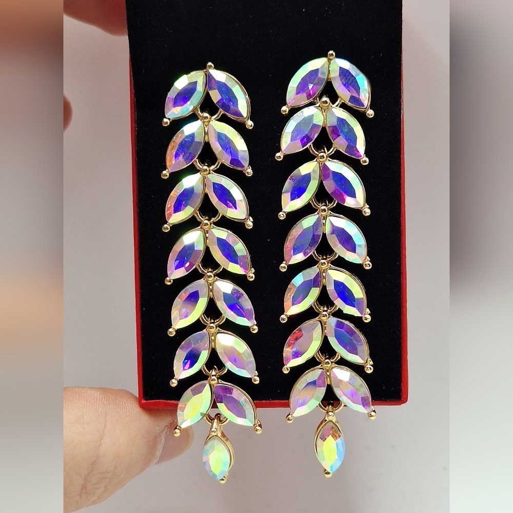 Swarovski Aurora Borealis Crystal Drop Earrings NWT Gold Glam Prom Bridal